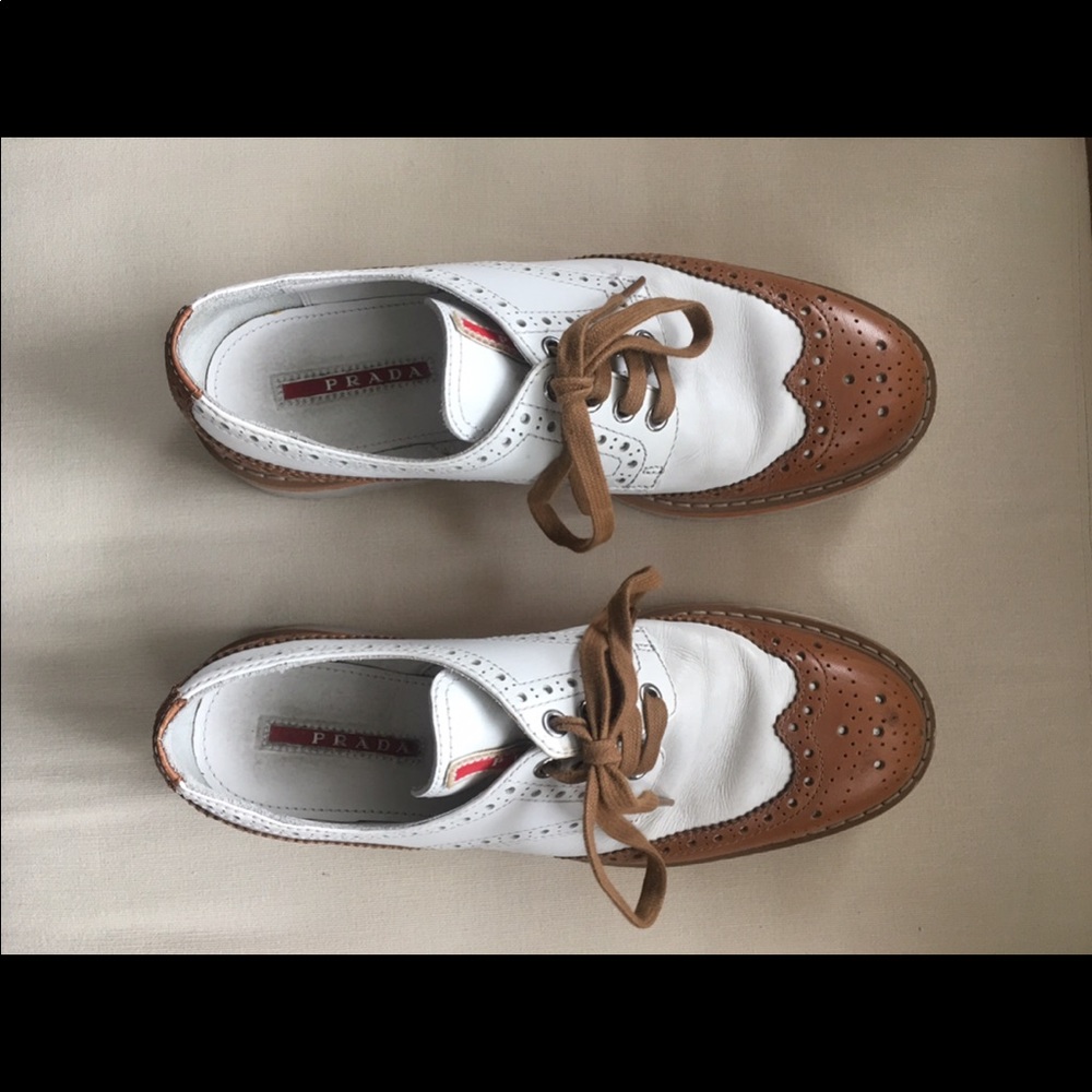 Prada tan and white oxfords women’s size 38 / 8.